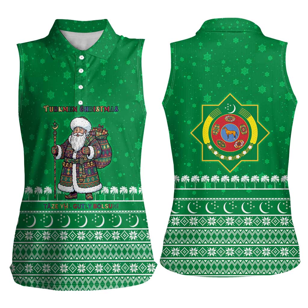Turkmenistan Christmas Women Sleeveless Polo Shirt with Traditional Santa Snowflake Crescent Moon and National Emblem - Wonder Print Shop