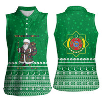 Turkmenistan Christmas Women Sleeveless Polo Shirt with Traditional Santa Snowflake Crescent Moon and National Emblem - Wonder Print Shop