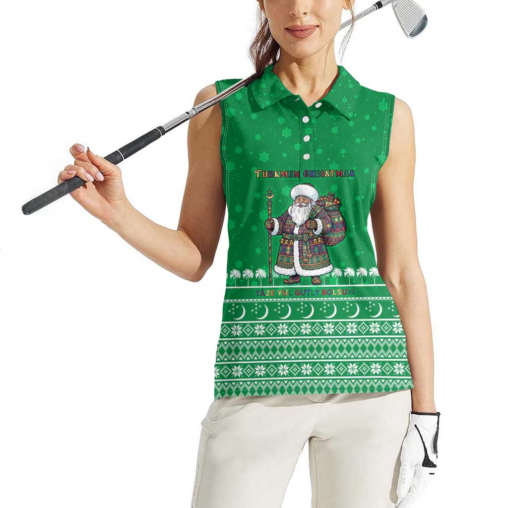 Turkmenistan Christmas Women Sleeveless Polo Shirt with Traditional Santa Snowflake Crescent Moon and National Emblem - Wonder Print Shop