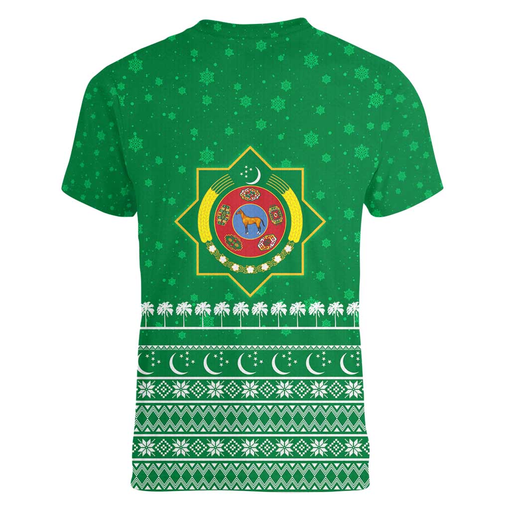 Turkmenistan Christmas Women V-Neck T-Shirt with Traditional Santa Snowflake Crescent Moon and National Emblem - Wonder Print Shop