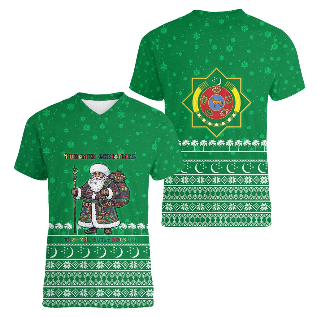 Turkmenistan Christmas Women V-Neck T-Shirt with Traditional Santa Snowflake Crescent Moon and National Emblem - Wonder Print Shop