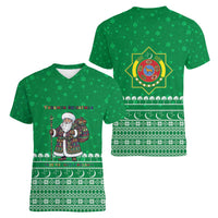 Turkmenistan Christmas Women V-Neck T-Shirt with Traditional Santa Snowflake Crescent Moon and National Emblem - Wonder Print Shop