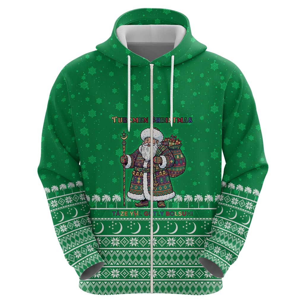 Turkmenistan Christmas Zip Hoodie with Traditional Santa Snowflake Crescent Moon and National Emblem - Wonder Print Shop