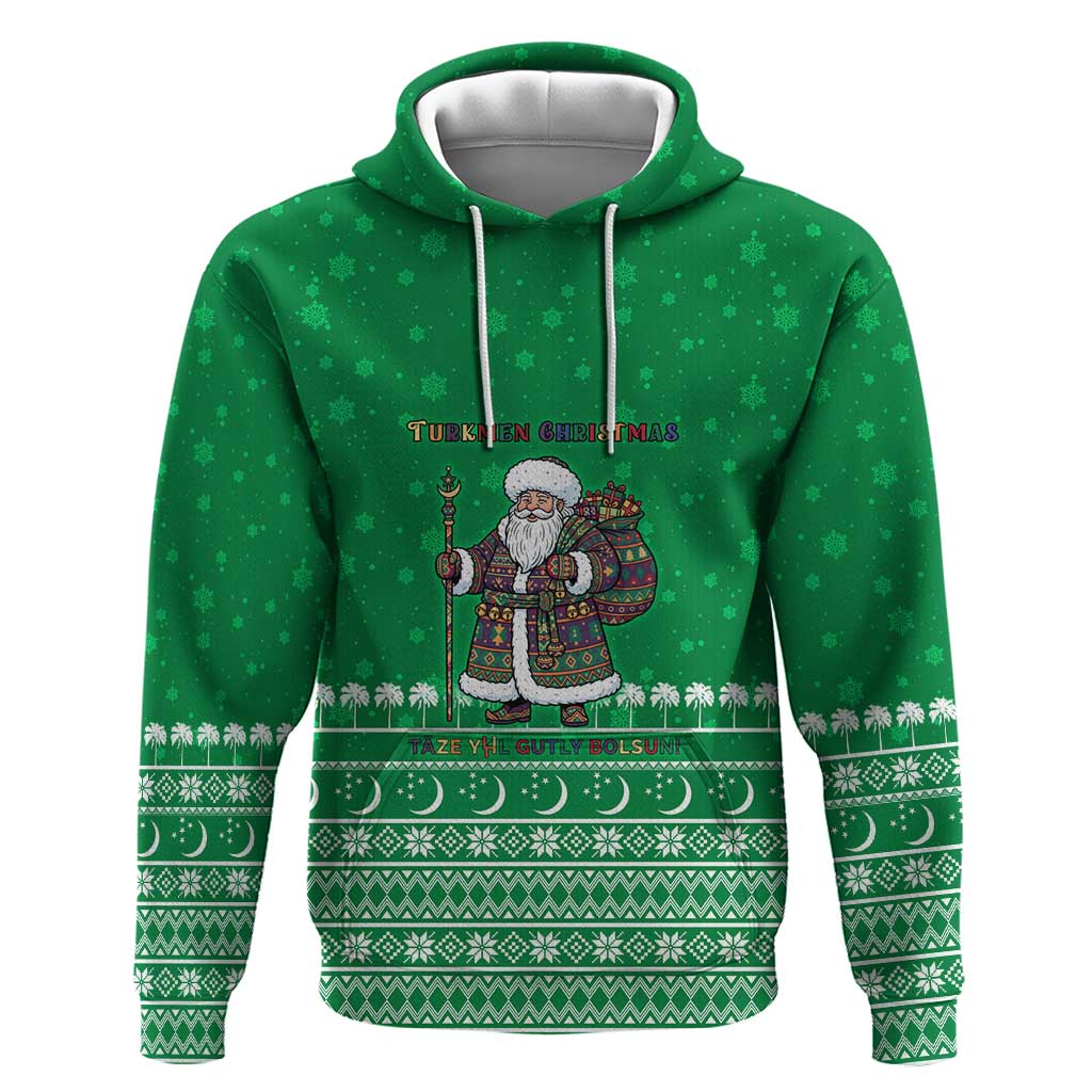 Turkmenistan Christmas Zip Hoodie with Traditional Santa Snowflake Crescent Moon and National Emblem - Wonder Print Shop