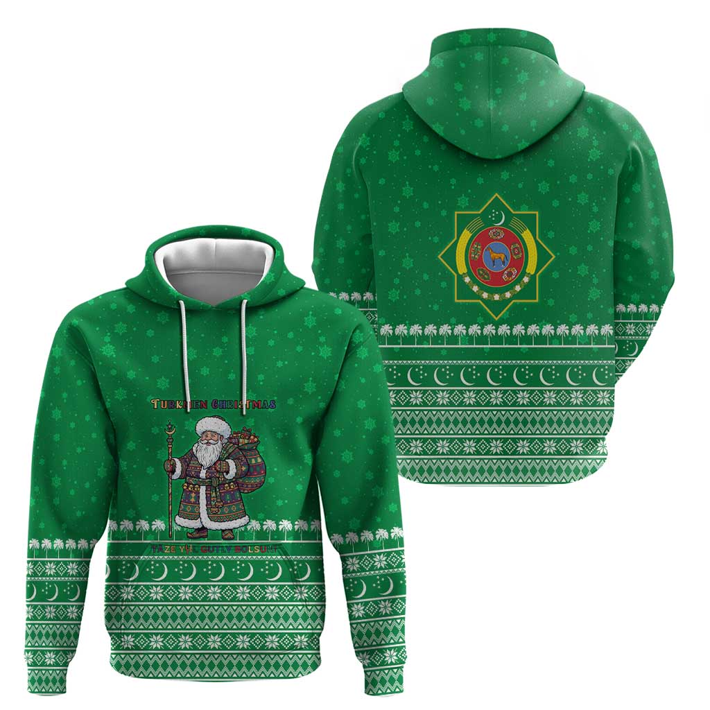 Turkmenistan Christmas Zip Hoodie with Traditional Santa Snowflake Crescent Moon and National Emblem - Wonder Print Shop