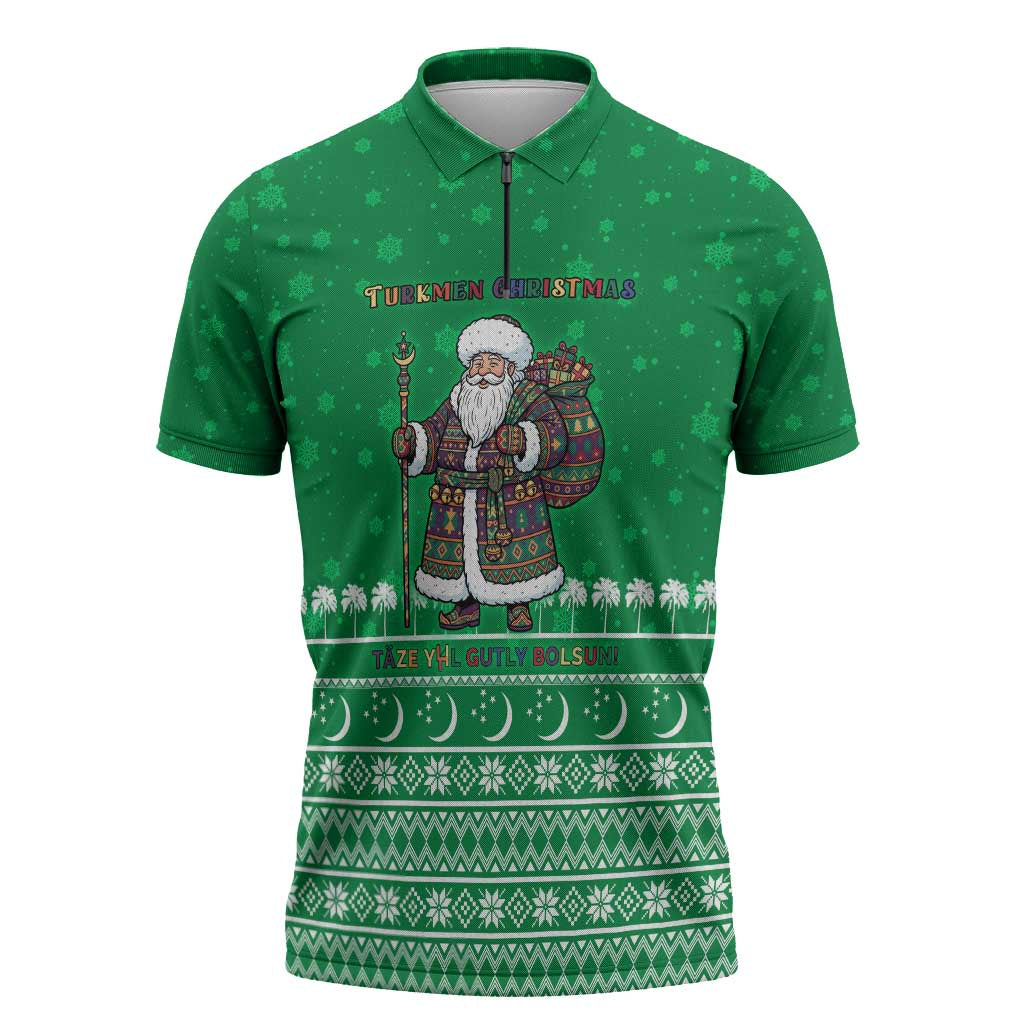 Turkmenistan Christmas Zipper Polo Shirt with Traditional Santa Snowflake Crescent Moon and National Emblem - Wonder Print Shop