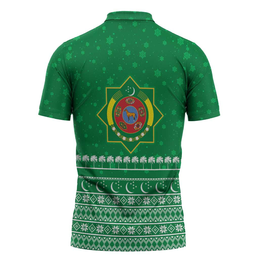 Turkmenistan Christmas Zipper Polo Shirt with Traditional Santa Snowflake Crescent Moon and National Emblem - Wonder Print Shop
