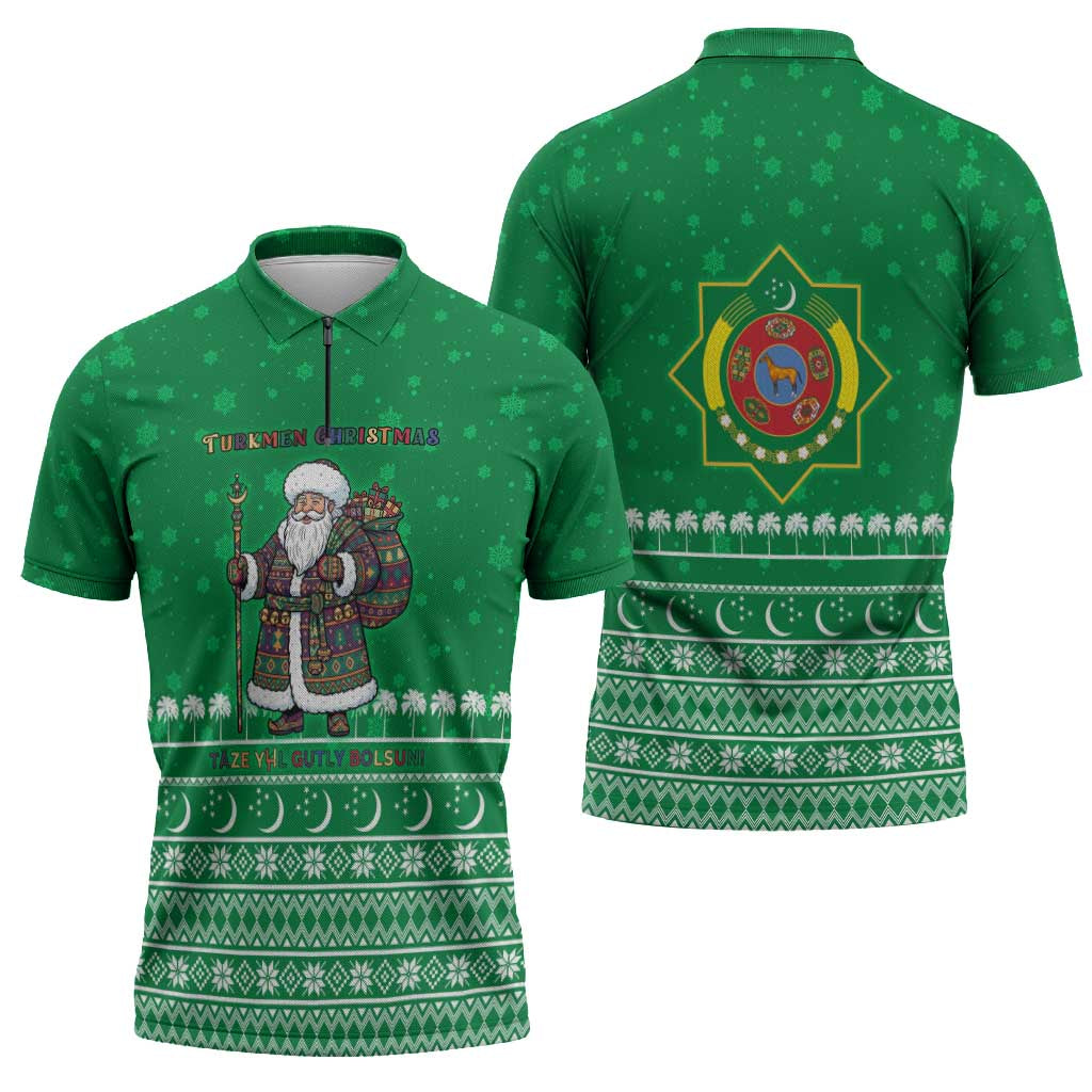 Turkmenistan Christmas Zipper Polo Shirt with Traditional Santa Snowflake Crescent Moon and National Emblem - Wonder Print Shop