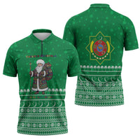 Turkmenistan Christmas Zipper Polo Shirt with Traditional Santa Snowflake Crescent Moon and National Emblem - Wonder Print Shop