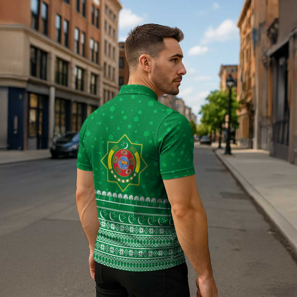 Turkmenistan Christmas Zipper Polo Shirt with Traditional Santa Snowflake Crescent Moon and National Emblem - Wonder Print Shop