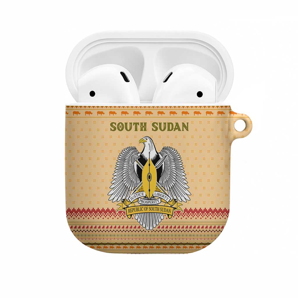 South Sudan Christmas AirPods Case with Beige Tribal Pattern, National Emblem, and Green Star Motif - Wonder Print Shop