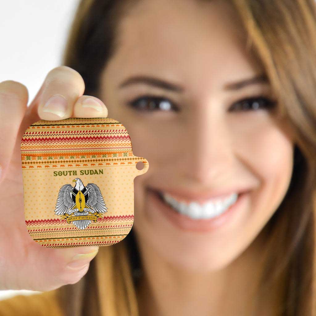 South Sudan Christmas AirPods Case with Beige Tribal Pattern, National Emblem, and Green Star Motif - Wonder Print Shop