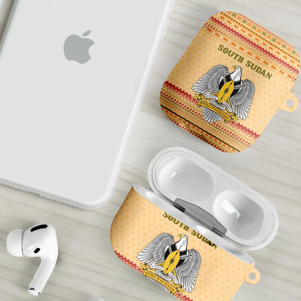 South Sudan Christmas AirPods Case with Beige Tribal Pattern, National Emblem, and Green Star Motif - Wonder Print Shop