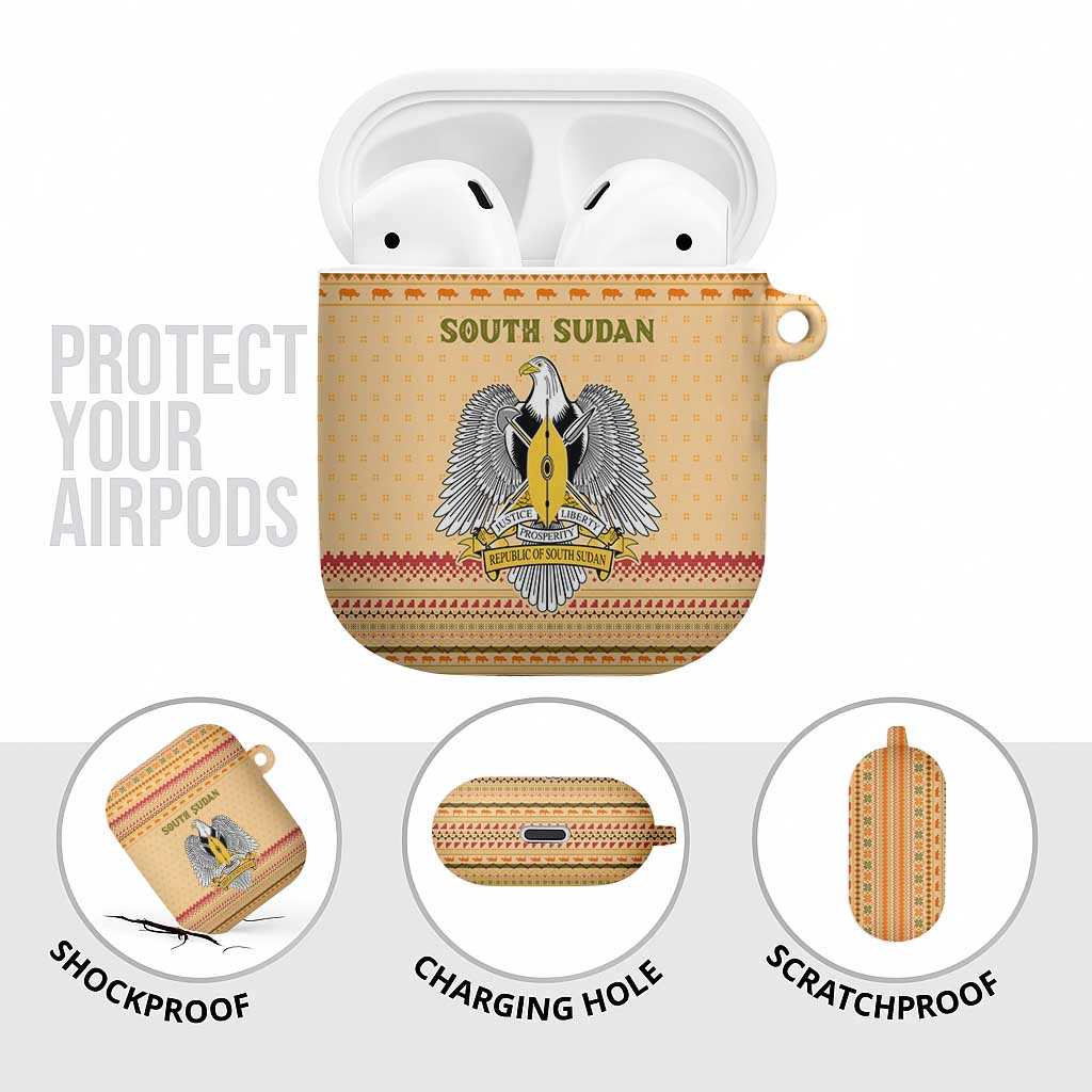 South Sudan Christmas AirPods Case with Beige Tribal Pattern, National Emblem, and Green Star Motif - Wonder Print Shop