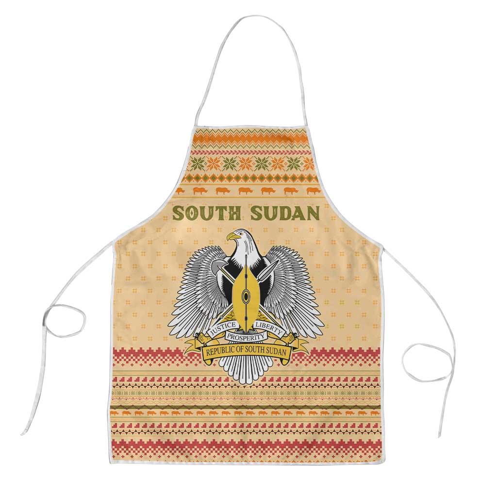 South Sudan Christmas Apron with Beige Tribal Pattern, National Emblem, and Green Star Motif - Wonder Print Shop