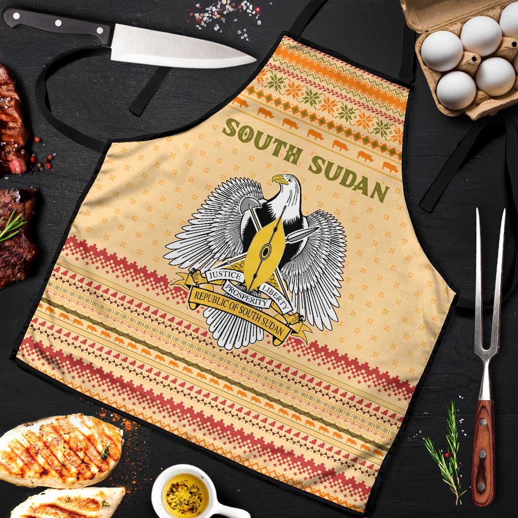South Sudan Christmas Apron with Beige Tribal Pattern, National Emblem, and Green Star Motif - Wonder Print Shop