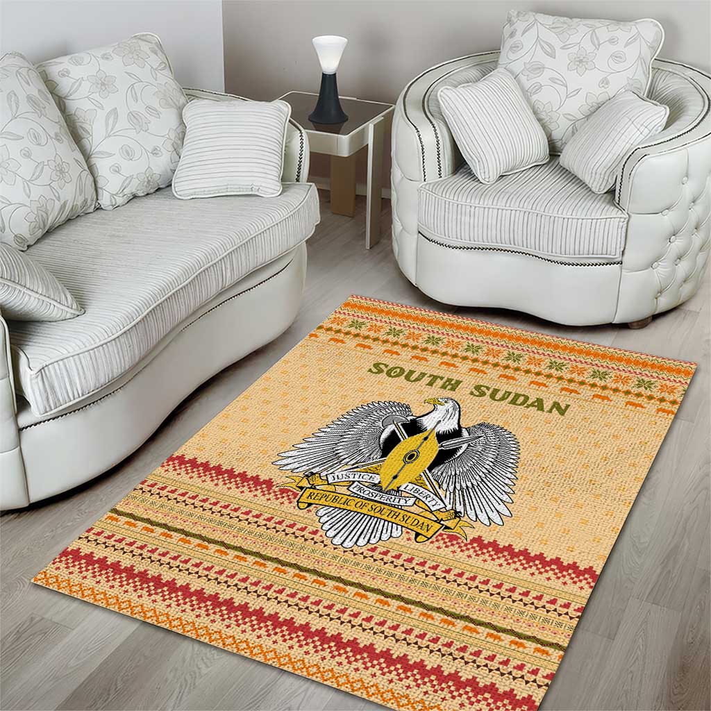 South Sudan Christmas Area Rug with Beige Tribal Pattern, National Emblem, and Green Star Motif - Wonder Print Shop