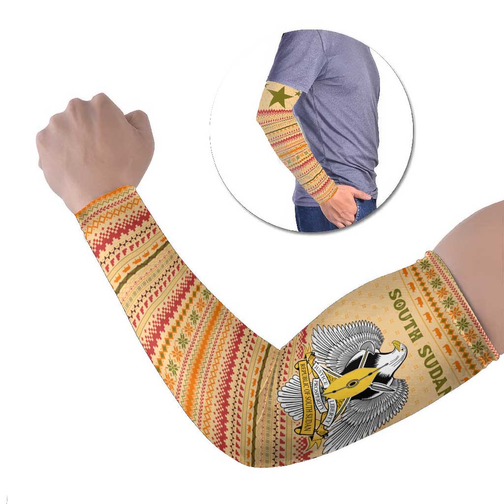 South Sudan Christmas Arm Sleeves with Beige Tribal Pattern, National Emblem, and Green Star Motif - Wonder Print Shop