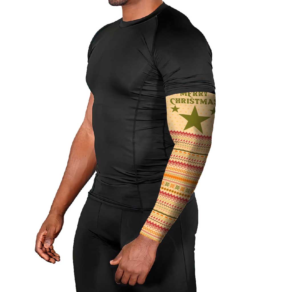 South Sudan Christmas Arm Sleeves with Beige Tribal Pattern, National Emblem, and Green Star Motif - Wonder Print Shop