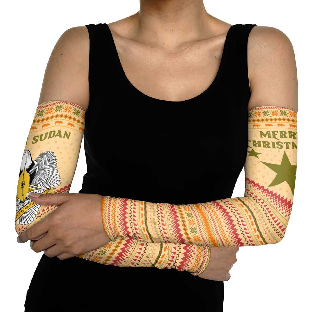 South Sudan Christmas Arm Sleeves with Beige Tribal Pattern, National Emblem, and Green Star Motif - Wonder Print Shop