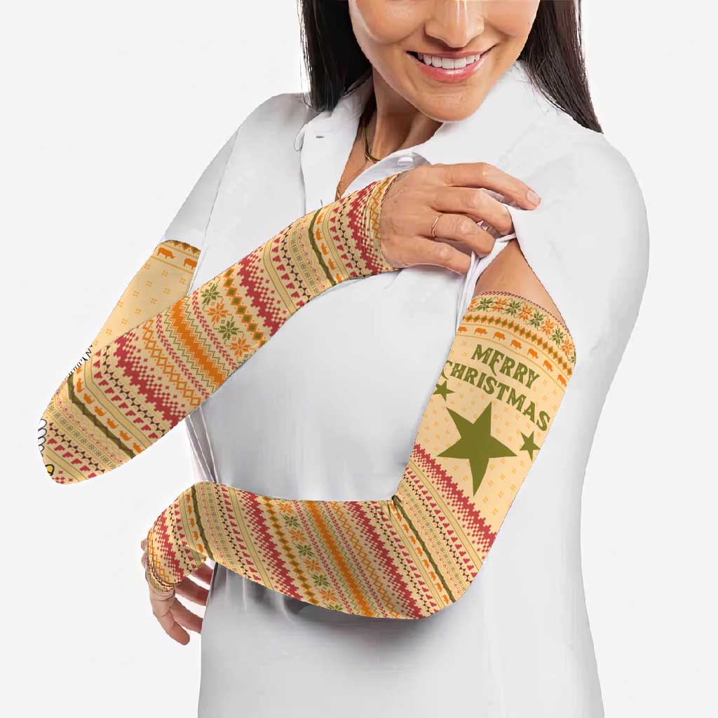 South Sudan Christmas Arm Sleeves with Beige Tribal Pattern, National Emblem, and Green Star Motif - Wonder Print Shop