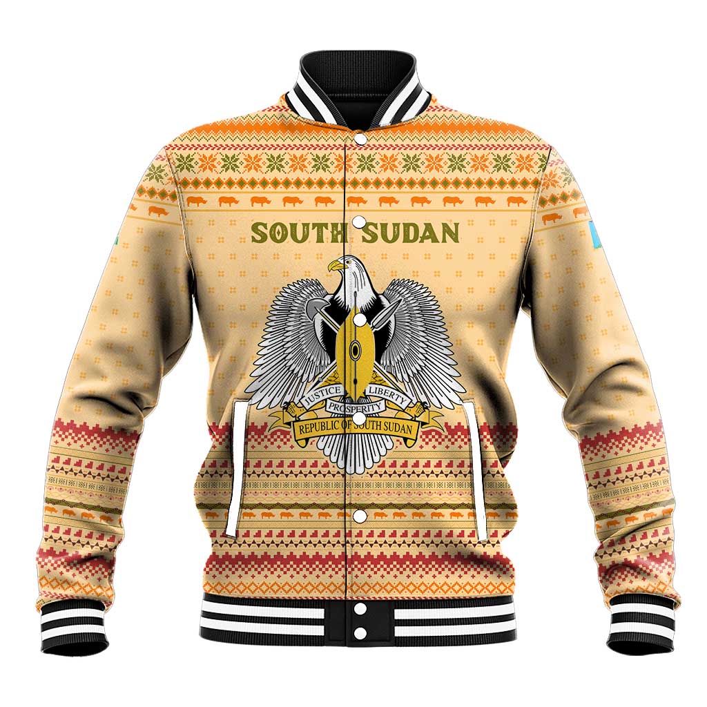 South Sudan Christmas Baseball Jacket with Beige Tribal Pattern, National Emblem, and Green Star Motif - Wonder Print Shop