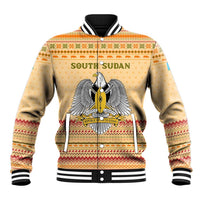 South Sudan Christmas Baseball Jacket with Beige Tribal Pattern, National Emblem, and Green Star Motif - Wonder Print Shop