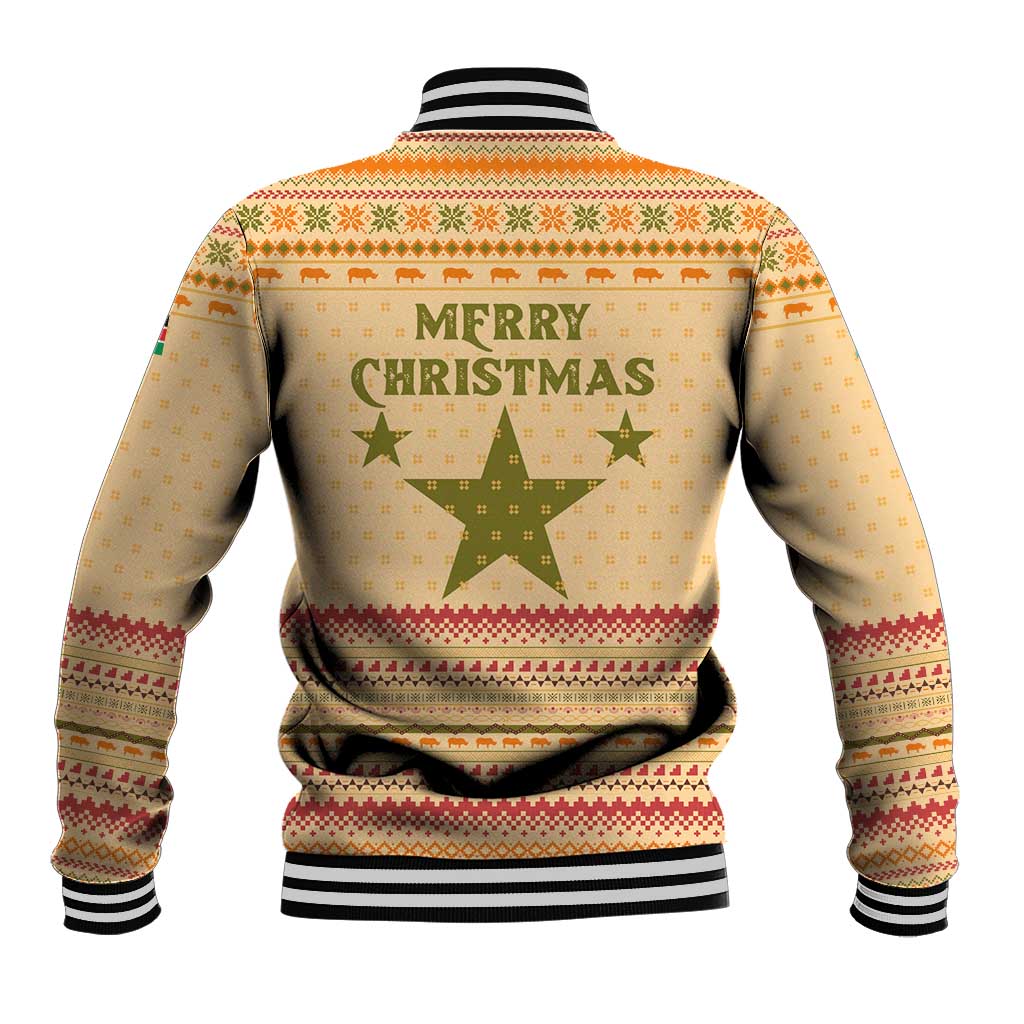 South Sudan Christmas Baseball Jacket with Beige Tribal Pattern, National Emblem, and Green Star Motif - Wonder Print Shop