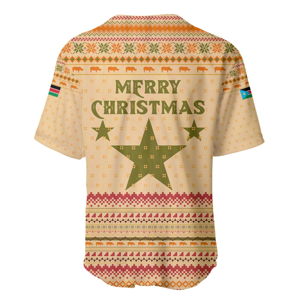 South Sudan Christmas Baseball Jersey with Beige Tribal Pattern, National Emblem, and Green Star Motif - Wonder Print Shop