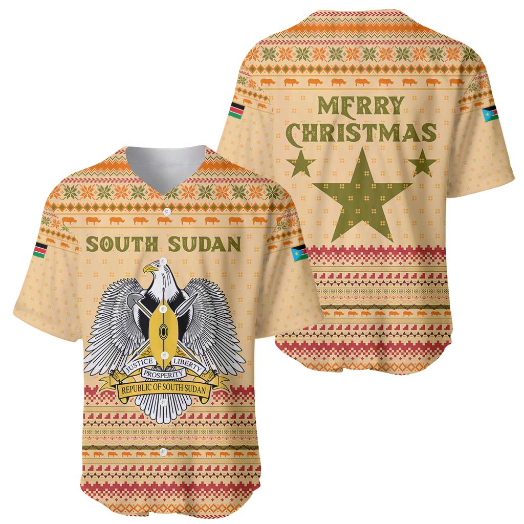 South Sudan Christmas Baseball Jersey with Beige Tribal Pattern, National Emblem, and Green Star Motif - Wonder Print Shop