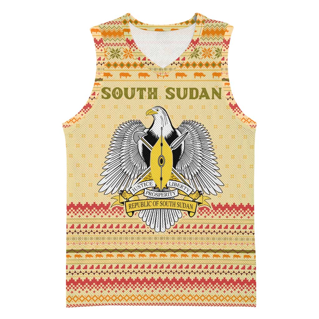 South Sudan Christmas Basketball Jersey with Beige Tribal Pattern, National Emblem, and Green Star Motif - Wonder Print Shop