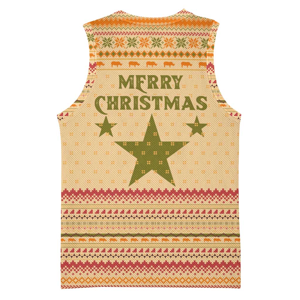 South Sudan Christmas Basketball Jersey with Beige Tribal Pattern, National Emblem, and Green Star Motif - Wonder Print Shop