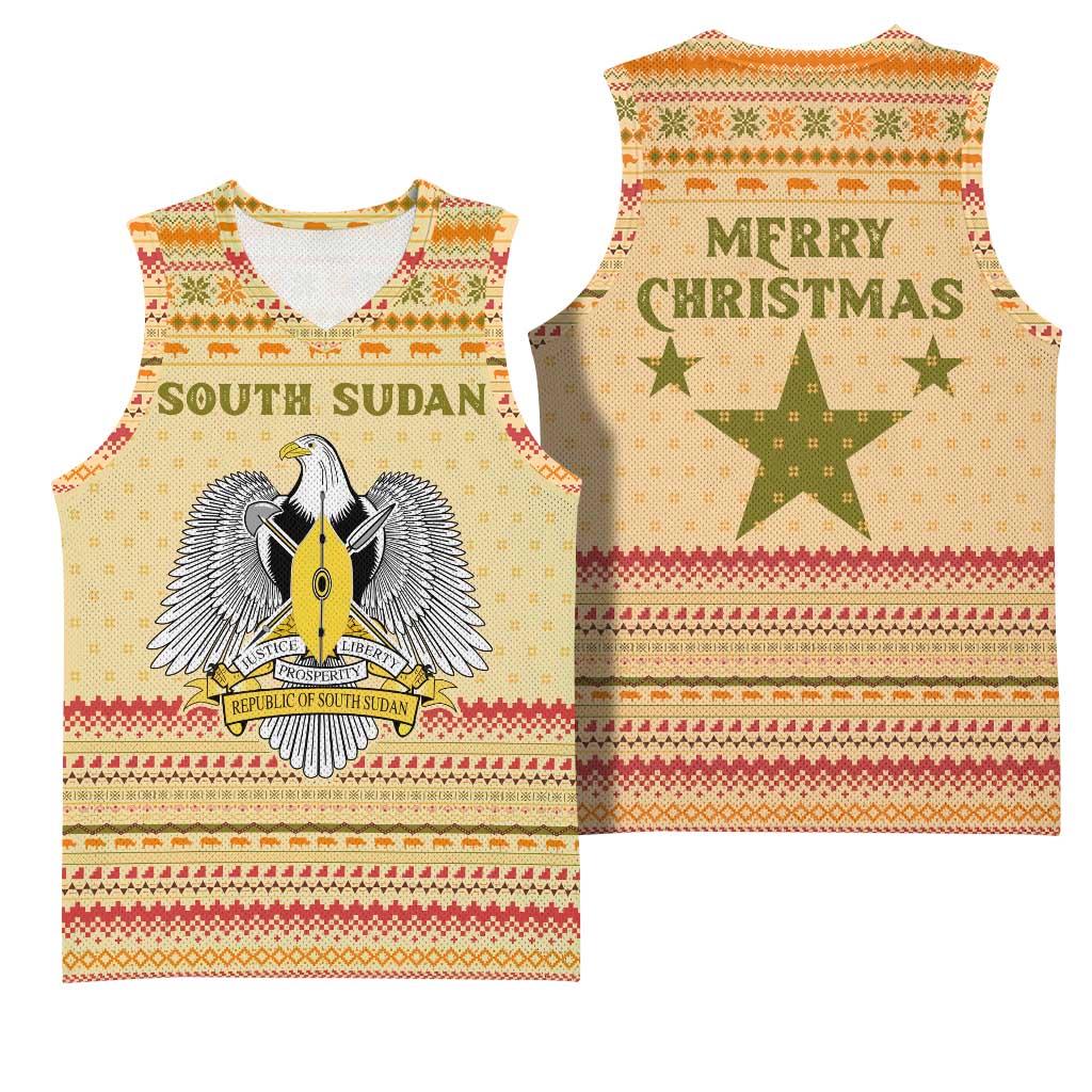 South Sudan Christmas Basketball Jersey with Beige Tribal Pattern, National Emblem, and Green Star Motif - Wonder Print Shop