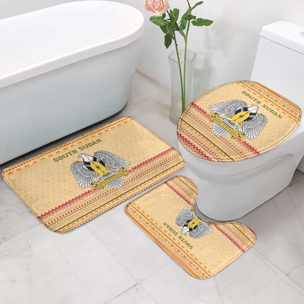 South Sudan Christmas Bathroom Set with Beige Tribal Pattern, National Emblem, and Green Star Motif - Wonder Print Shop