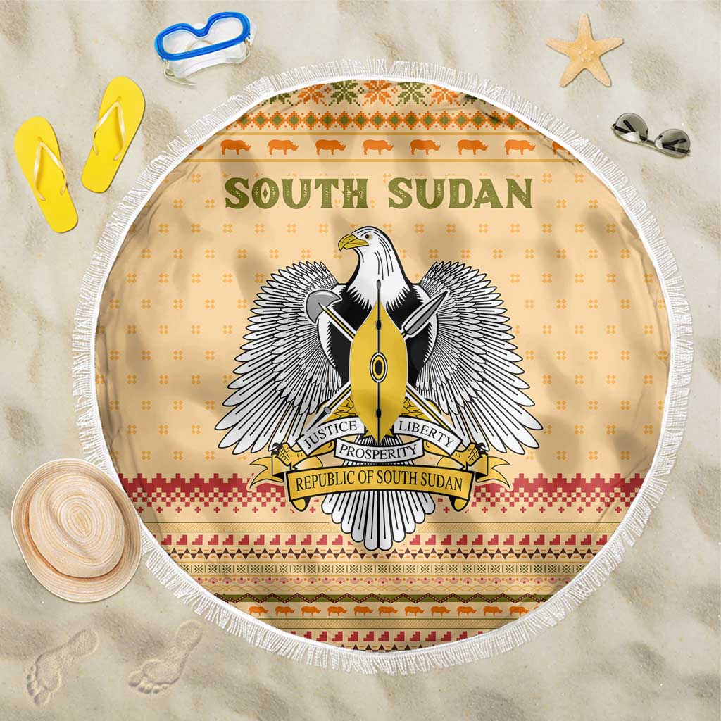 South Sudan Christmas Beach Blanket with Beige Tribal Pattern, National Emblem, and Green Star Motif - Wonder Print Shop