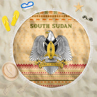 South Sudan Christmas Beach Blanket with Beige Tribal Pattern, National Emblem, and Green Star Motif - Wonder Print Shop