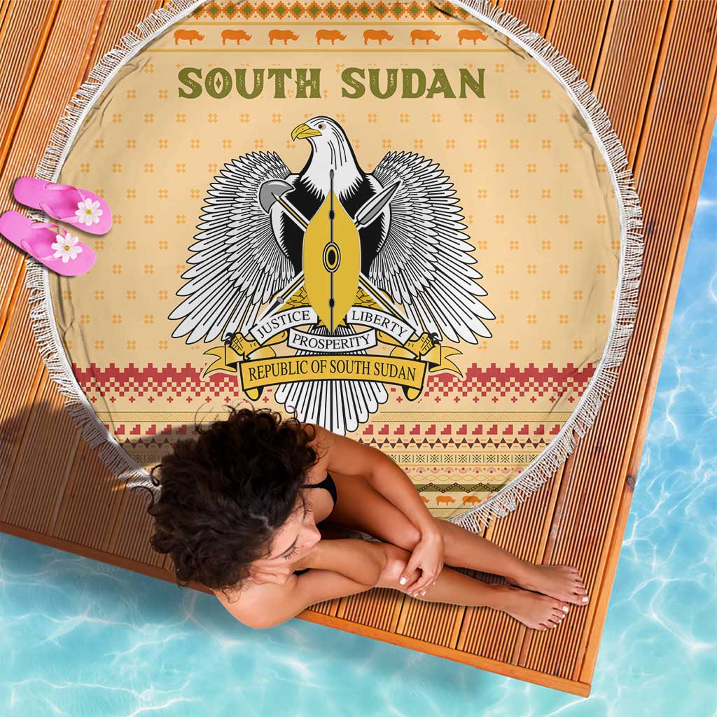 South Sudan Christmas Beach Blanket with Beige Tribal Pattern, National Emblem, and Green Star Motif - Wonder Print Shop