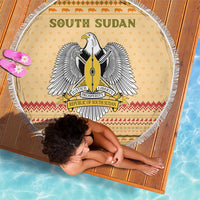 South Sudan Christmas Beach Blanket with Beige Tribal Pattern, National Emblem, and Green Star Motif - Wonder Print Shop