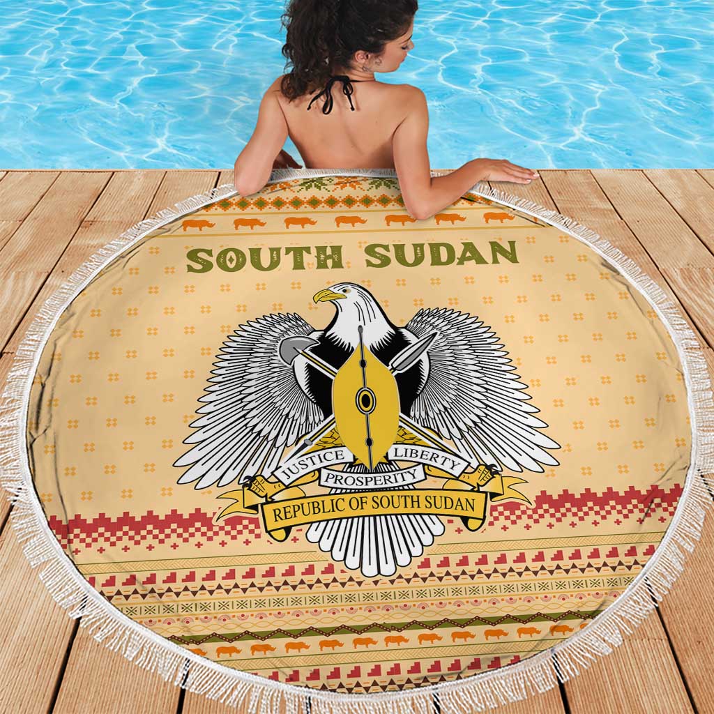 South Sudan Christmas Beach Blanket with Beige Tribal Pattern, National Emblem, and Green Star Motif - Wonder Print Shop