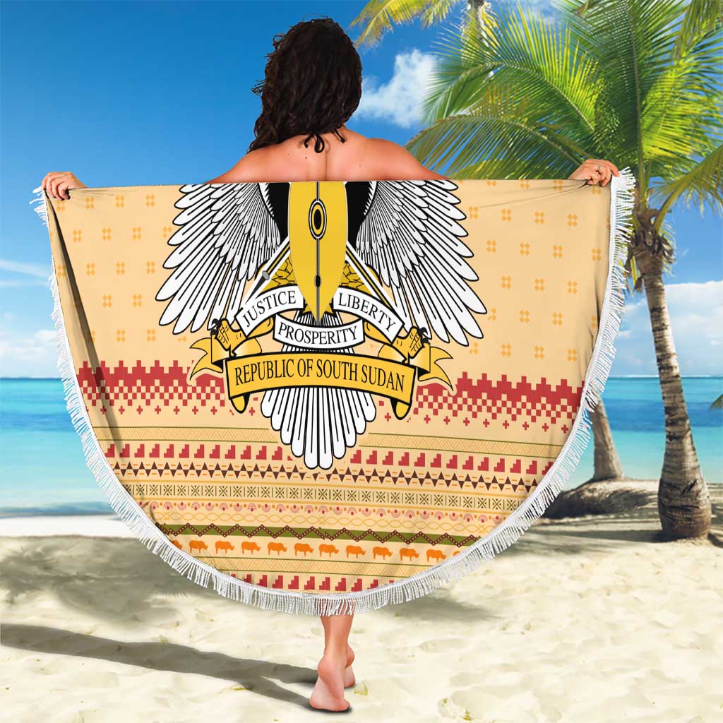 South Sudan Christmas Beach Blanket with Beige Tribal Pattern, National Emblem, and Green Star Motif - Wonder Print Shop