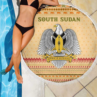 South Sudan Christmas Beach Blanket with Beige Tribal Pattern, National Emblem, and Green Star Motif - Wonder Print Shop