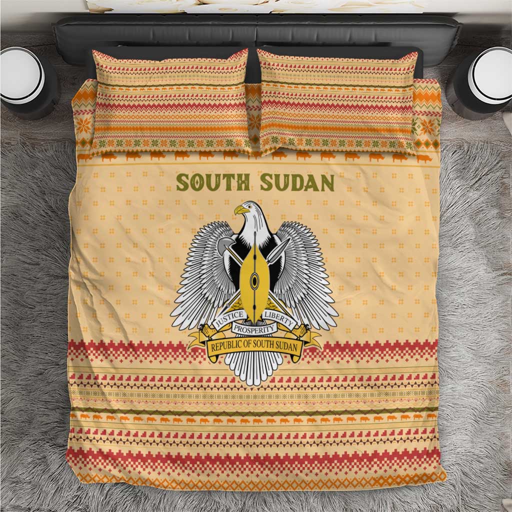 South Sudan Christmas Bedding Set with Beige Tribal Pattern, National Emblem, and Green Star Motif - Wonder Print Shop