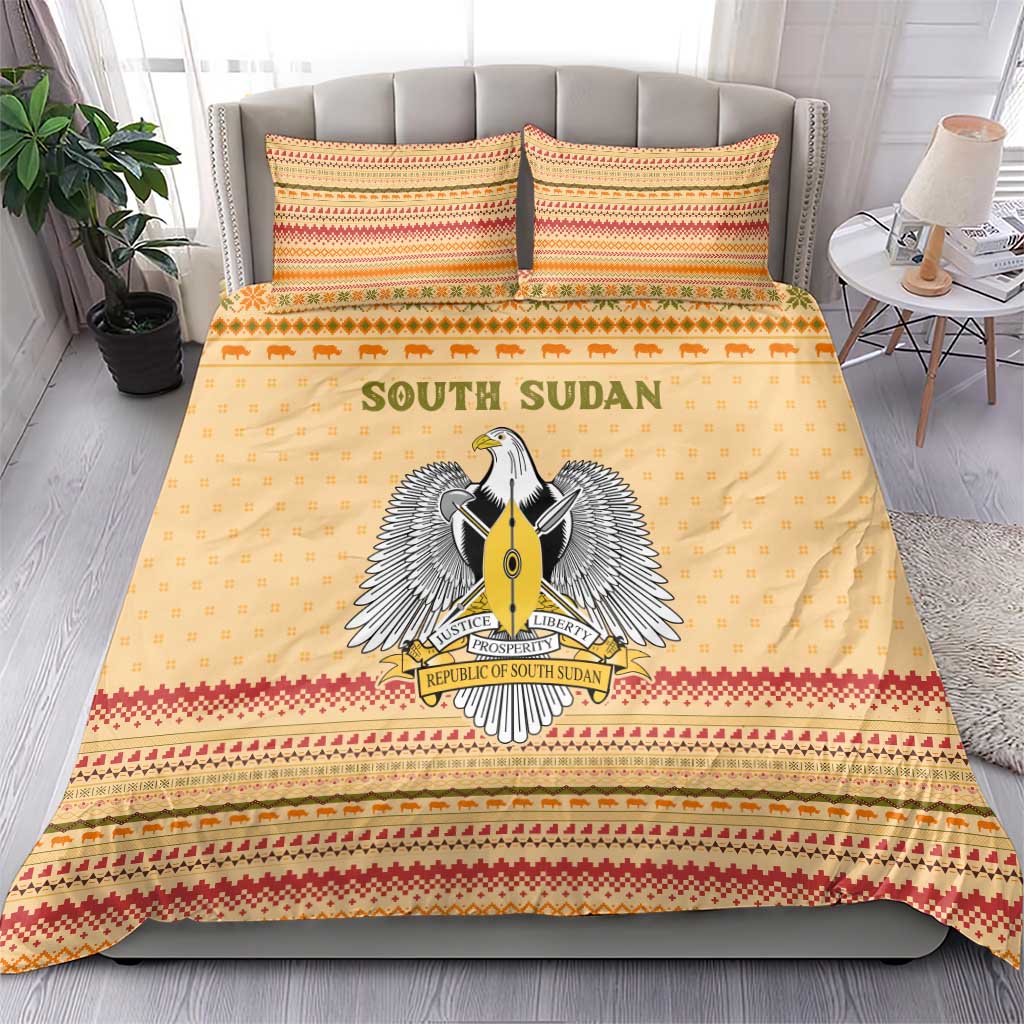 South Sudan Christmas Bedding Set with Beige Tribal Pattern, National Emblem, and Green Star Motif - Wonder Print Shop