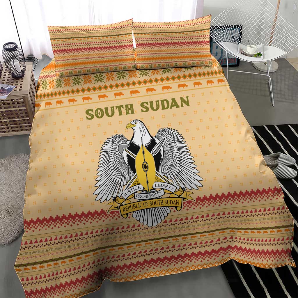 South Sudan Christmas Bedding Set with Beige Tribal Pattern, National Emblem, and Green Star Motif - Wonder Print Shop