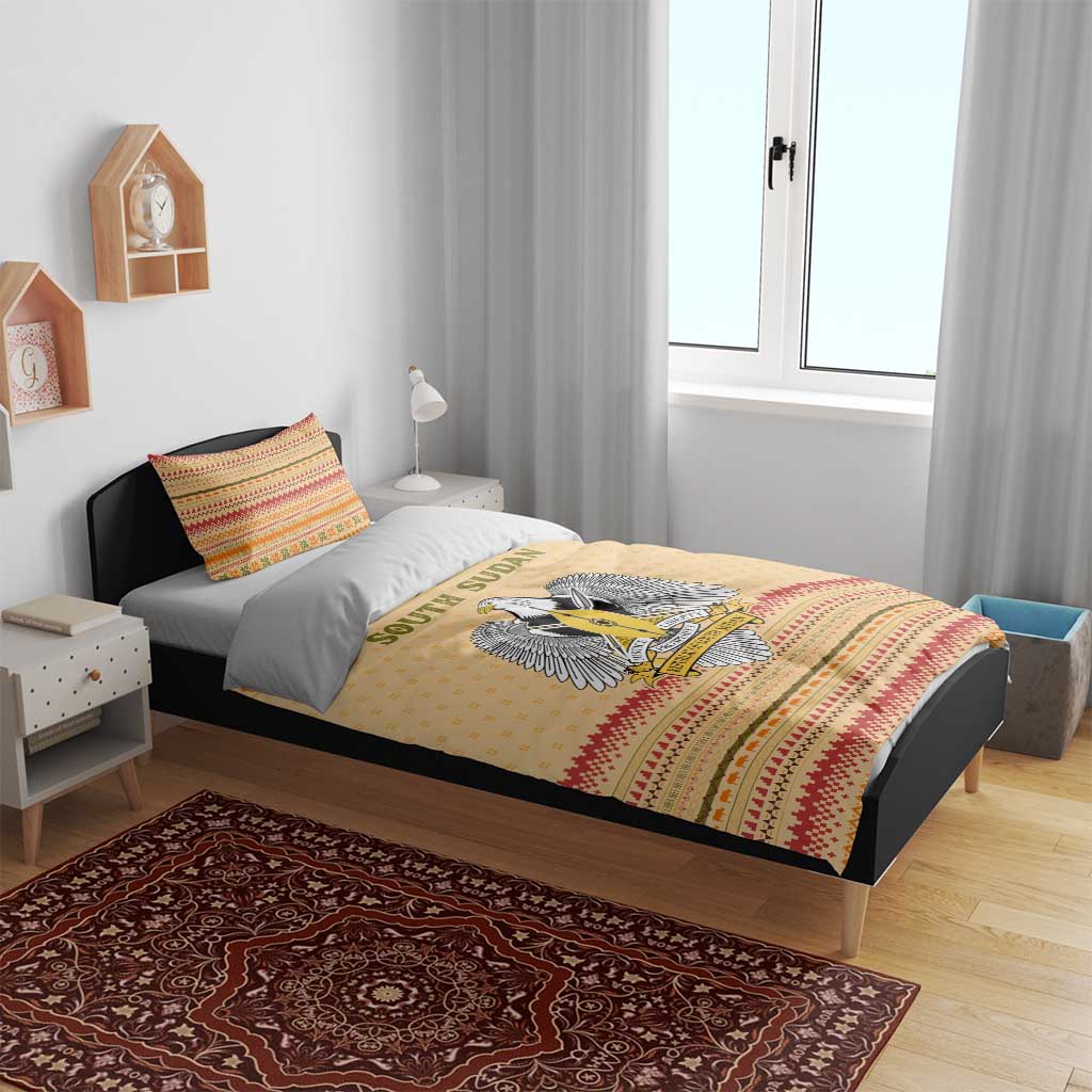 South Sudan Christmas Bedding Set with Beige Tribal Pattern, National Emblem, and Green Star Motif - Wonder Print Shop