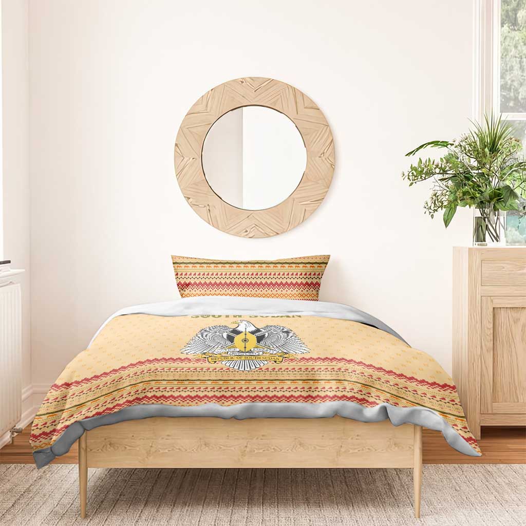 South Sudan Christmas Bedding Set with Beige Tribal Pattern, National Emblem, and Green Star Motif - Wonder Print Shop