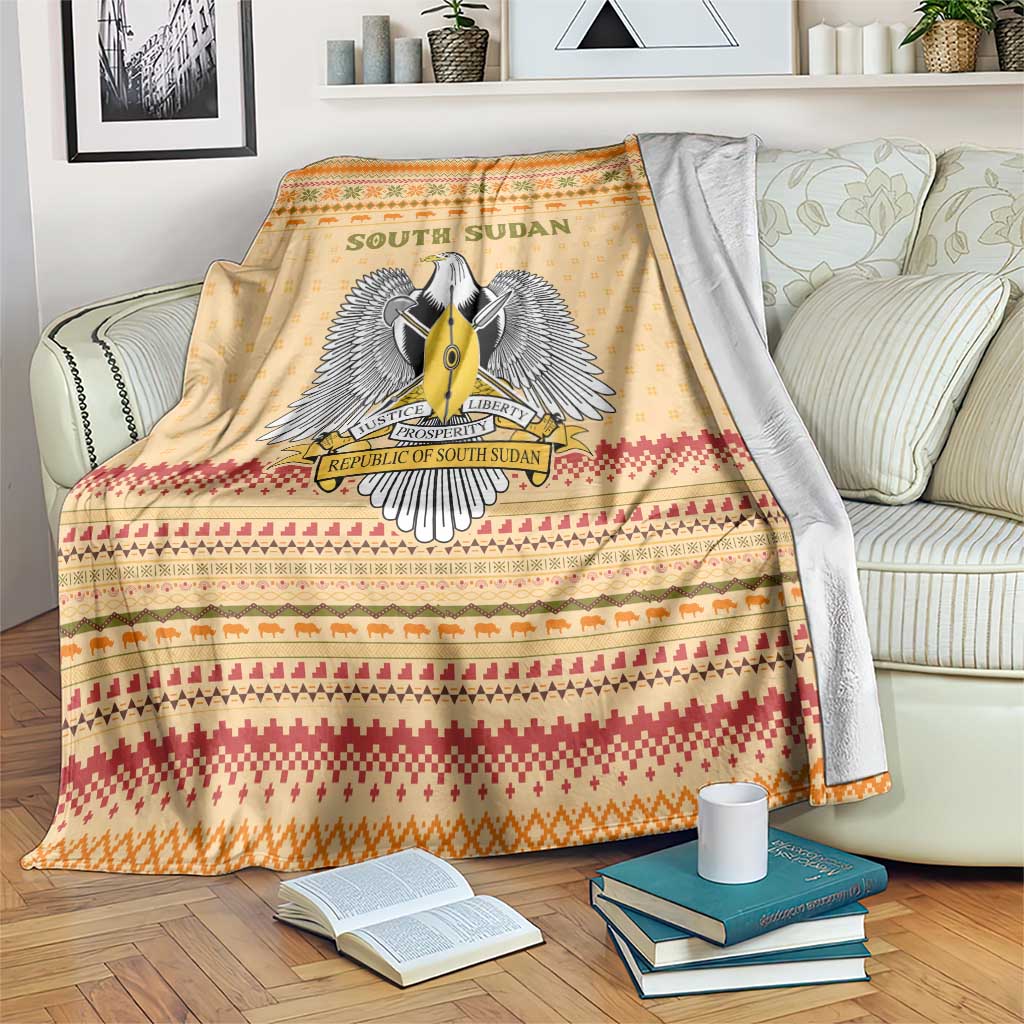 South Sudan Christmas Blanket with Beige Tribal Pattern, National Emblem, and Green Star Motif - Wonder Print Shop