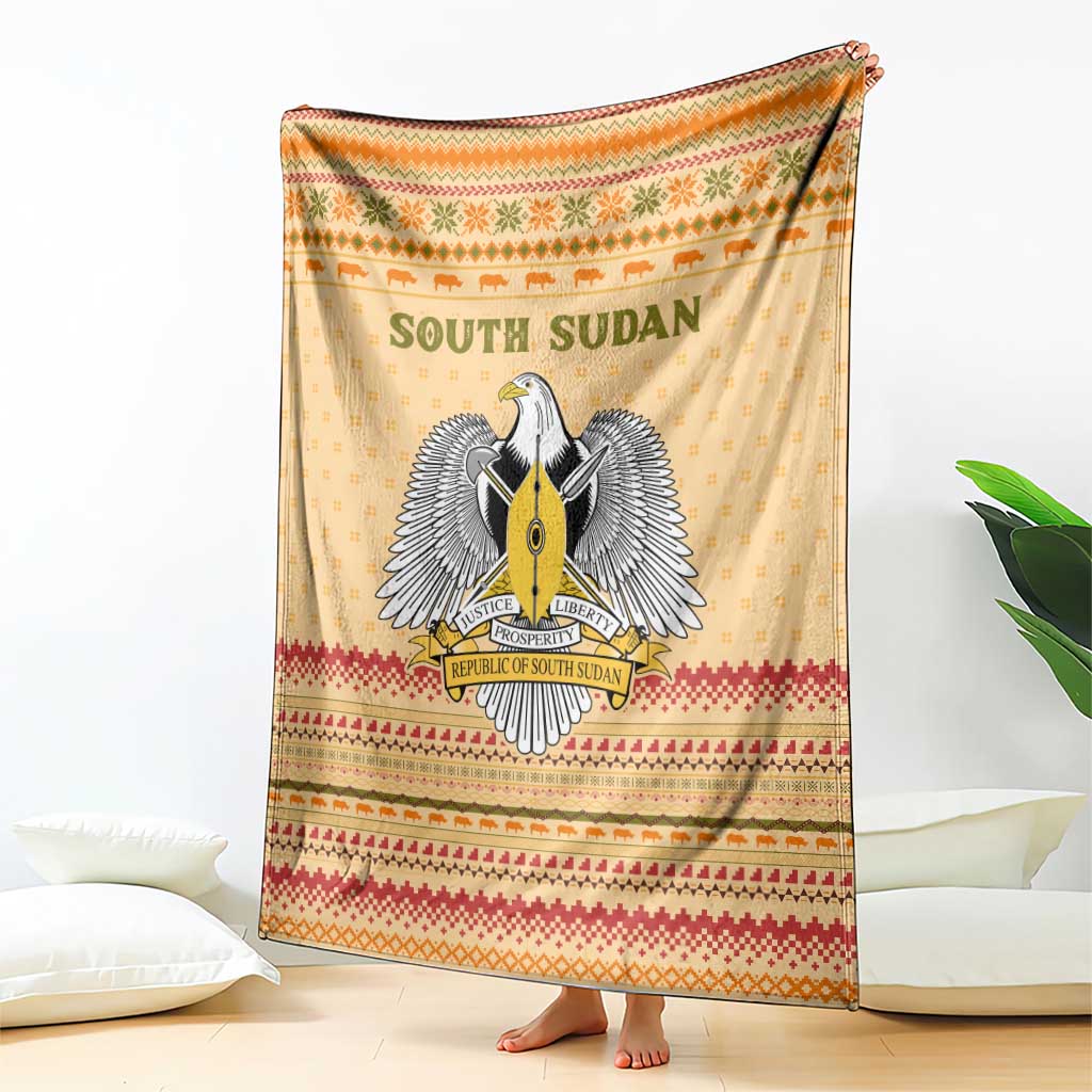 South Sudan Christmas Blanket with Beige Tribal Pattern, National Emblem, and Green Star Motif - Wonder Print Shop