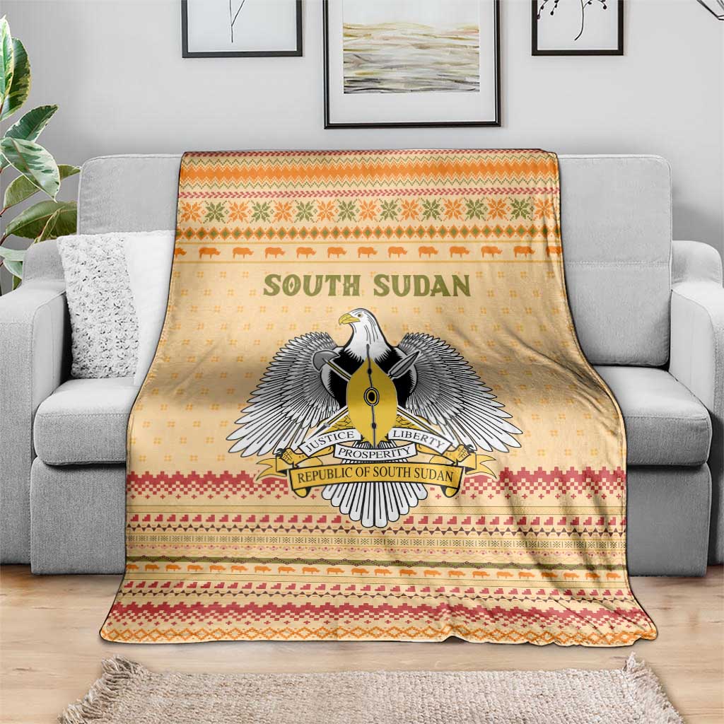 South Sudan Christmas Blanket with Beige Tribal Pattern, National Emblem, and Green Star Motif - Wonder Print Shop