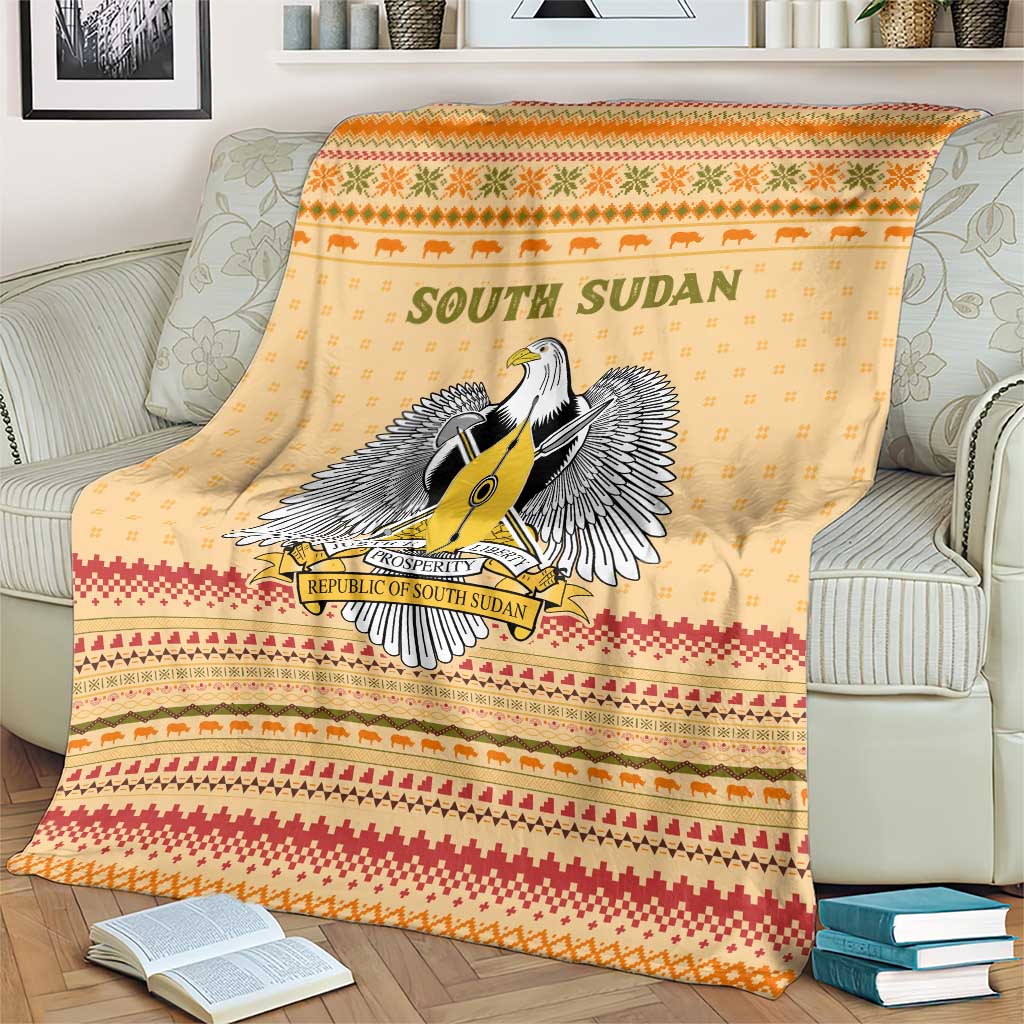 South Sudan Christmas Blanket with Beige Tribal Pattern, National Emblem, and Green Star Motif - Wonder Print Shop